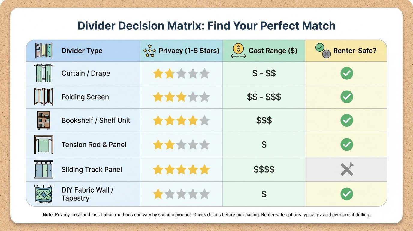 Infographic: Divider Decision Matrix — icons for each divider type, privacy stars, cost ranges, renter-safe checkmarks.