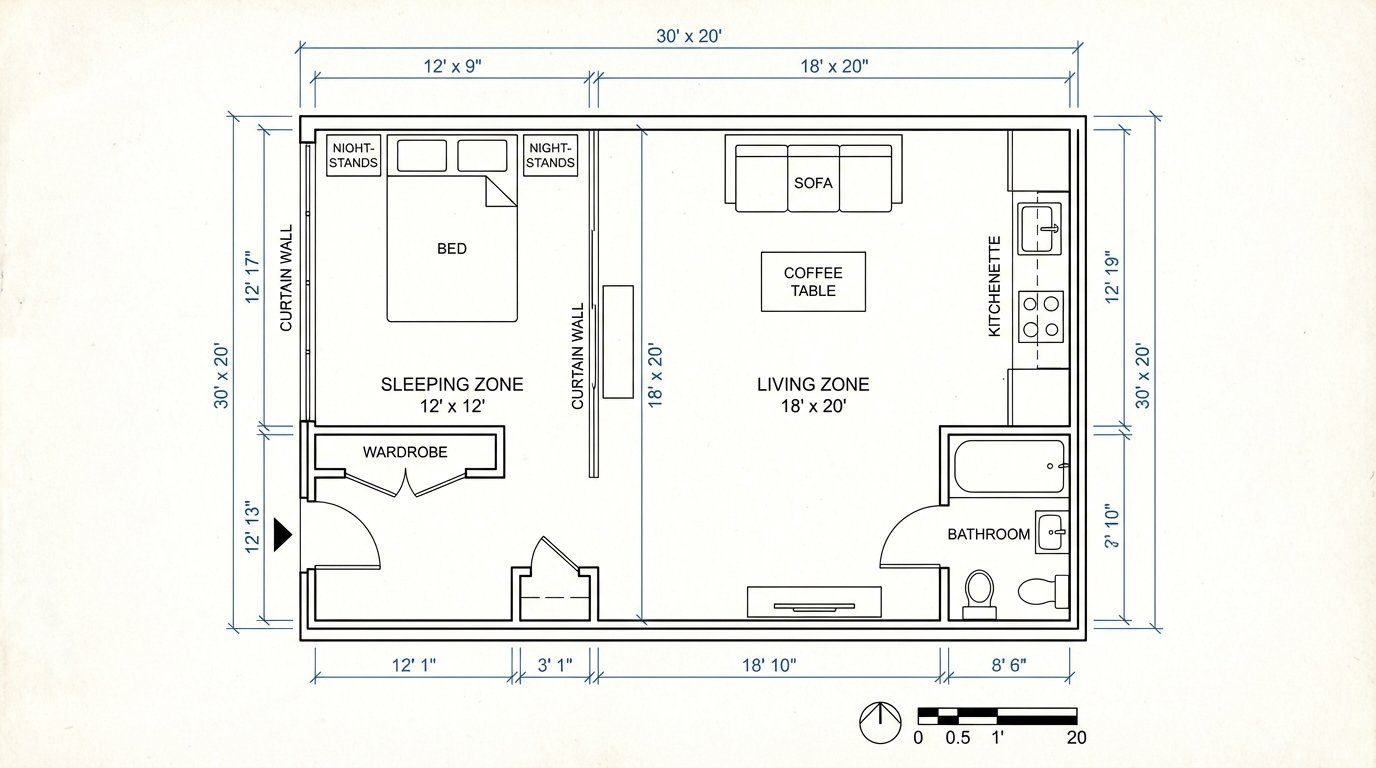 Bird's-eye floor plan diagram: rectangular studio with curtain wall dividing sleeping from living zones.
