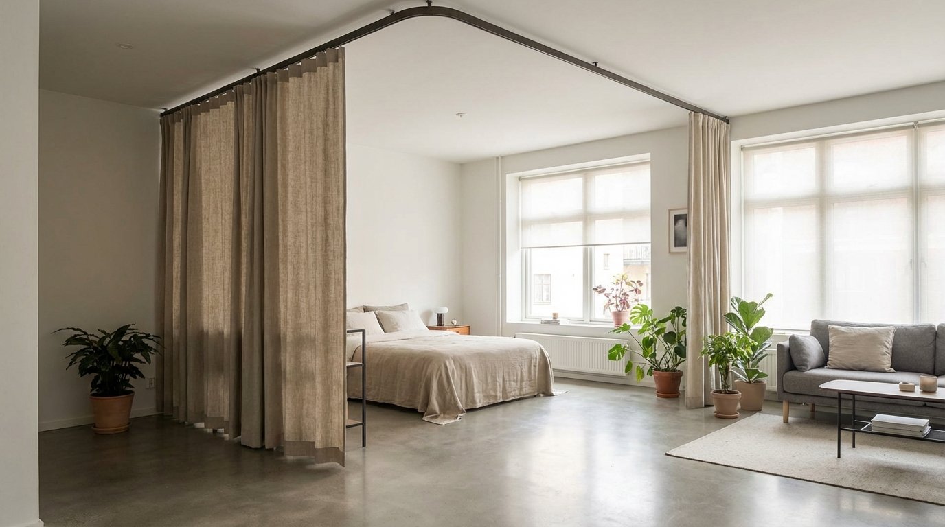 Photorealistic interior: studio with ceiling-mounted curtain divider.