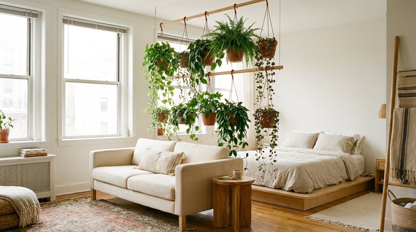 Photorealistic interior: hanging plant divider between living and sleeping zones.