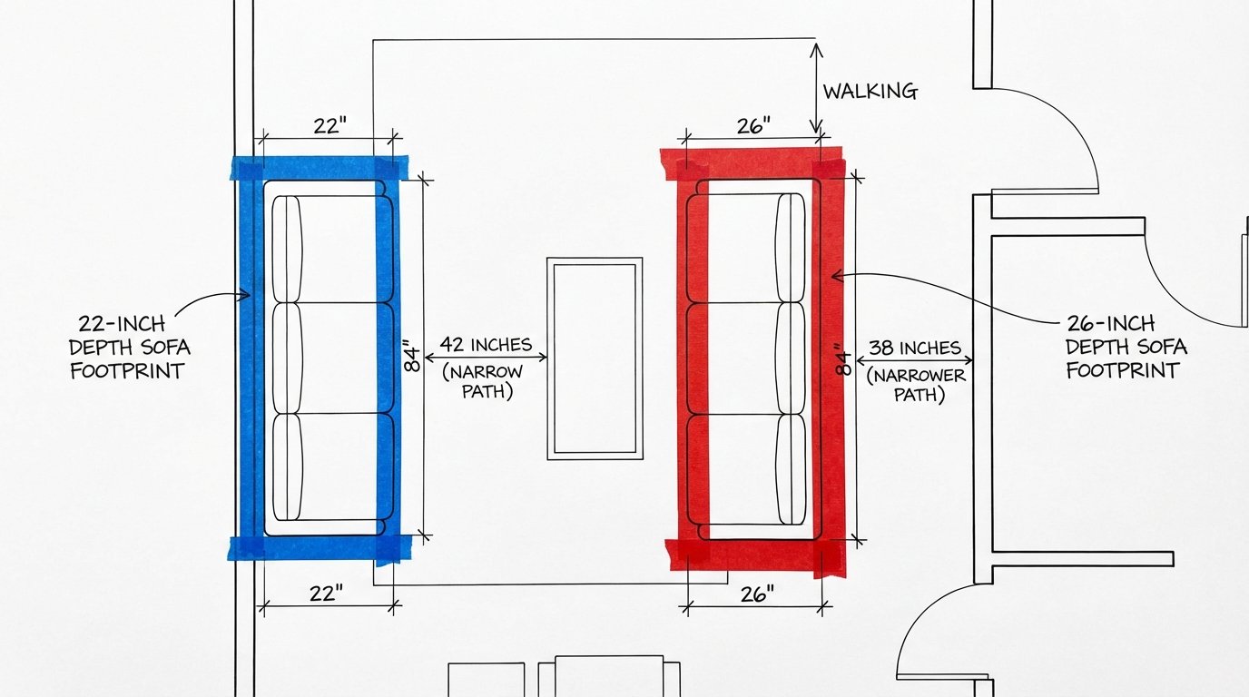 Top-down room diagram showing sofa footprint comparison, two sofa shapes outlined in tape showing 22-inch vs 26-inch
