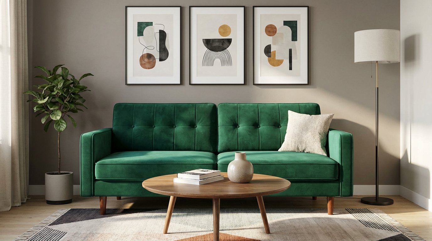 Novogratz Brittany style mid-century modern sofa in a styled small living room, emerald green or mustard velvet fabric,