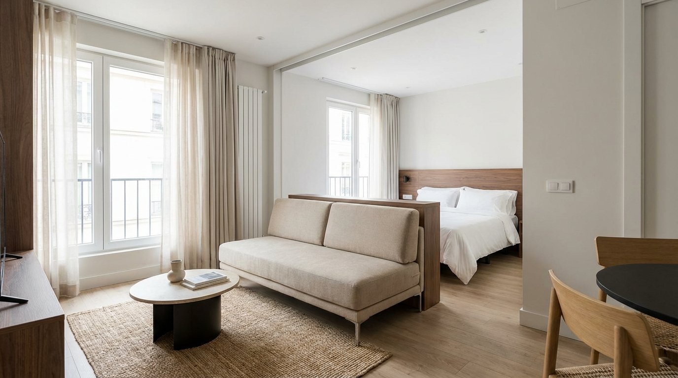 Compact modern sofa in a studio apartment setting, light neutral fabric, positioned to separate living area from