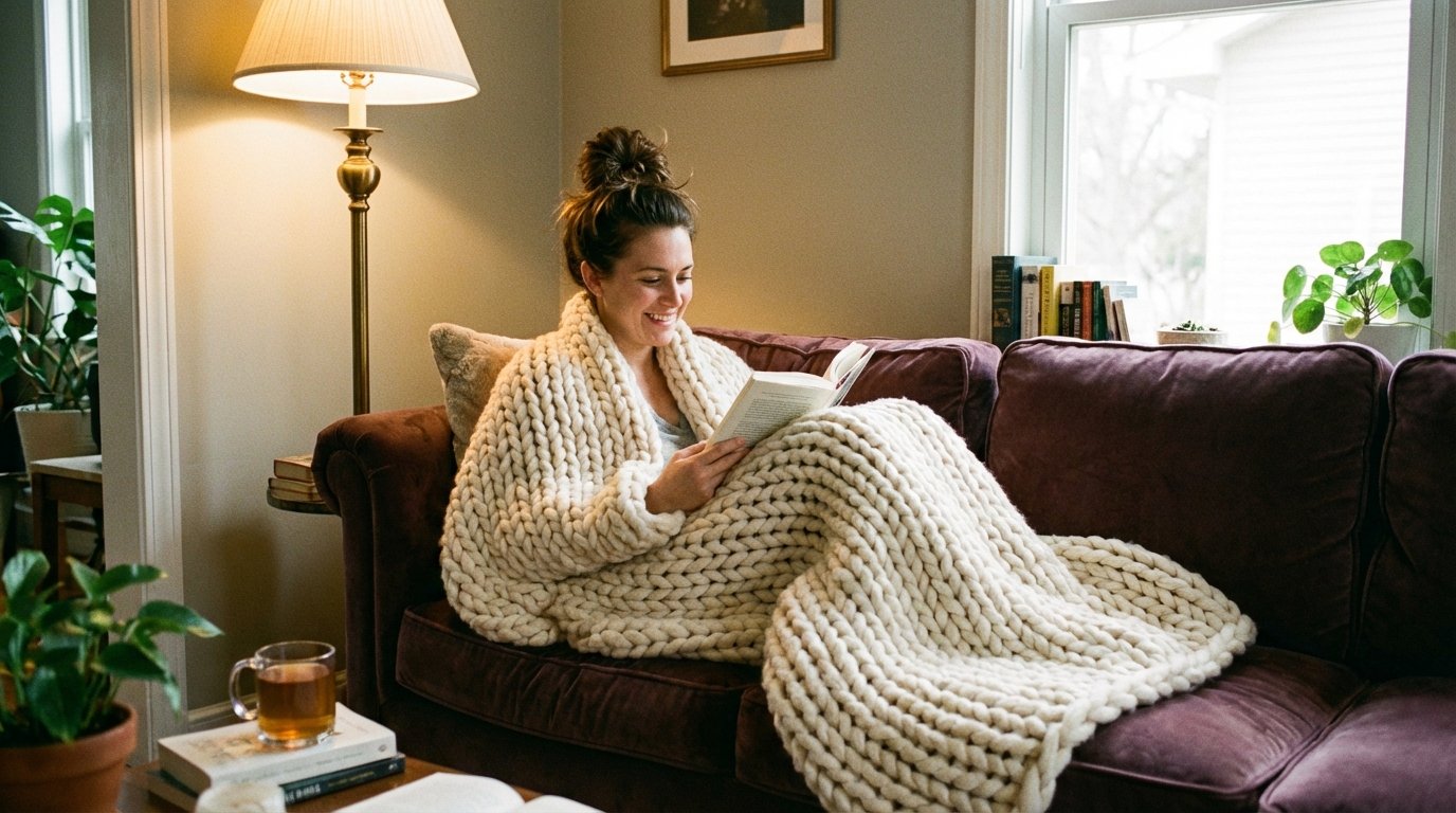 Comfortable sofa with someone curled up reading a book, chunky knit throw blanket, reading lamp nearby, warm cozy