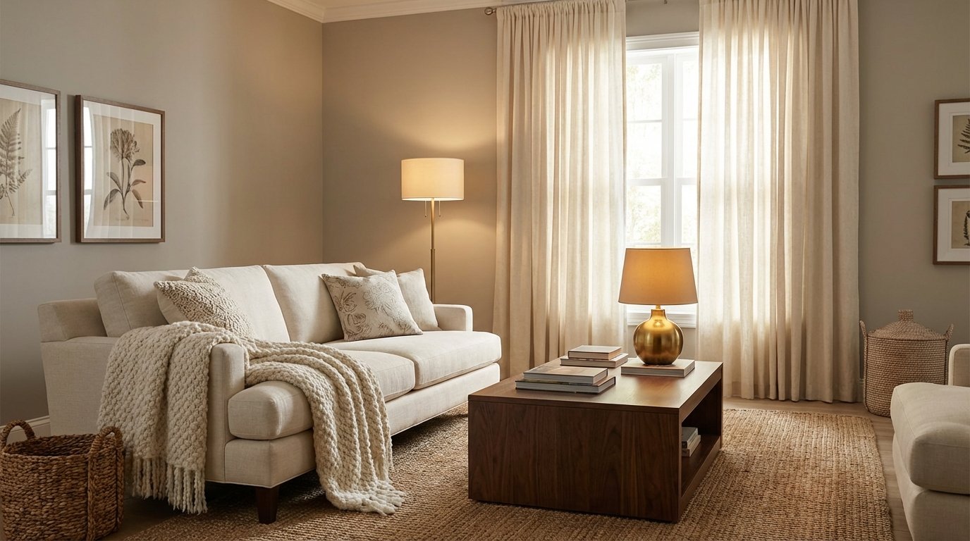 Elegant gray and cream living room, warm greige walls (SW Agreeable Gray tone), cream upholstered sofa, textured cream