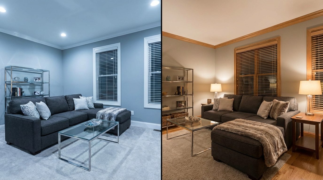 Split image comparison, same living room furniture shown twice, left side with cool blue-gray walls (feels sterile and