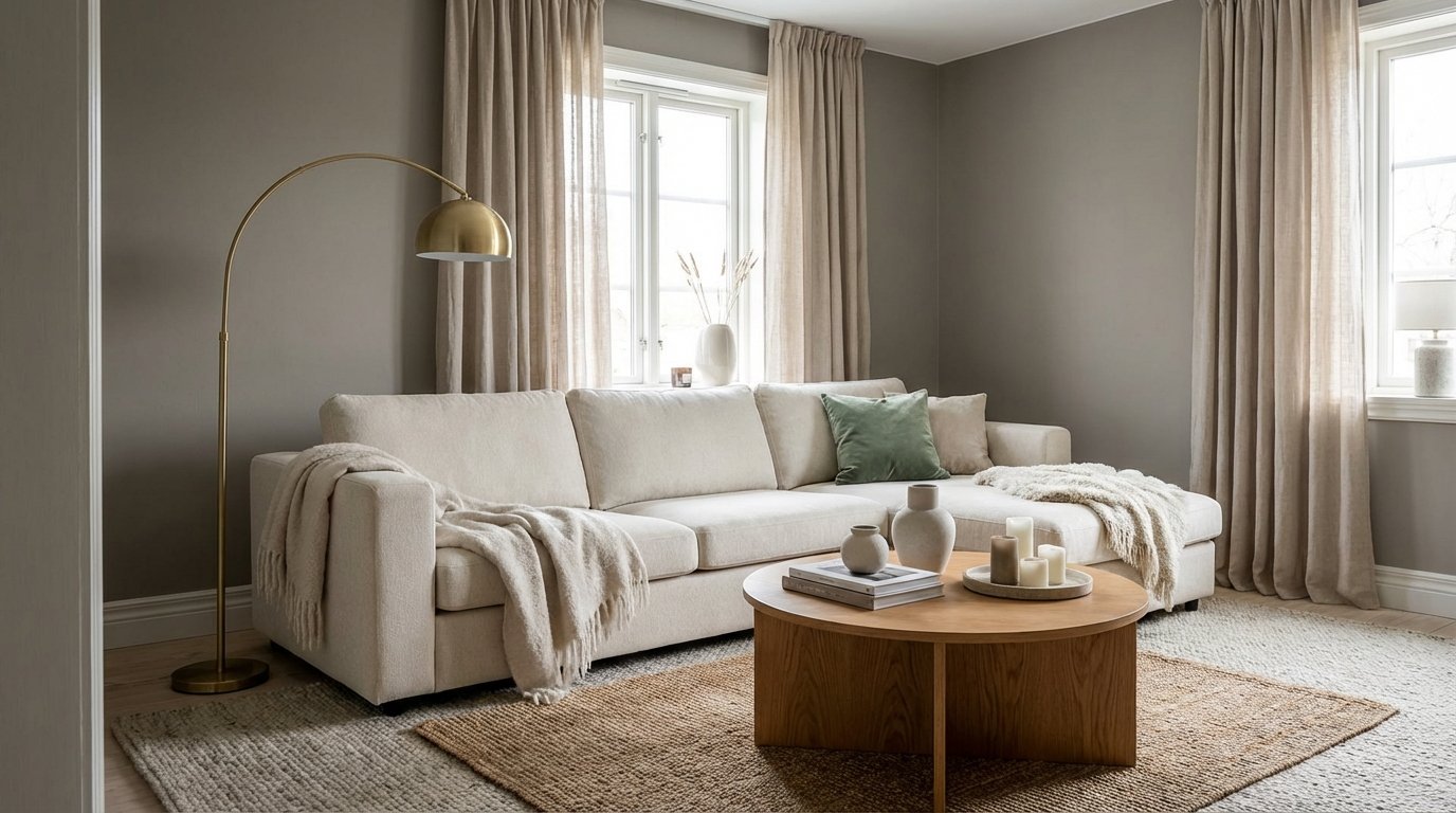 Modern warm living room, warm gray walls, cream sectional sofa, brass floor lamp, linen curtains, warm oak coffee