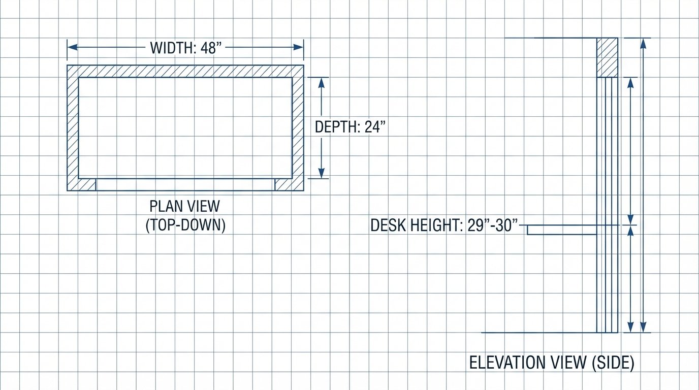 Technical closet measurement diagram, top-down and side views showing width, depth, desk height (29-30), shelf