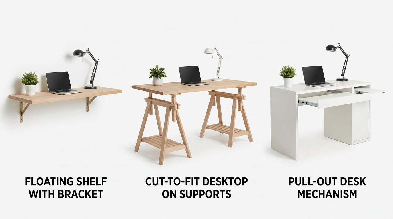 Three desk options comparison, left shows floating shelf desk with bracket, center shows cut-to-fit desktop on