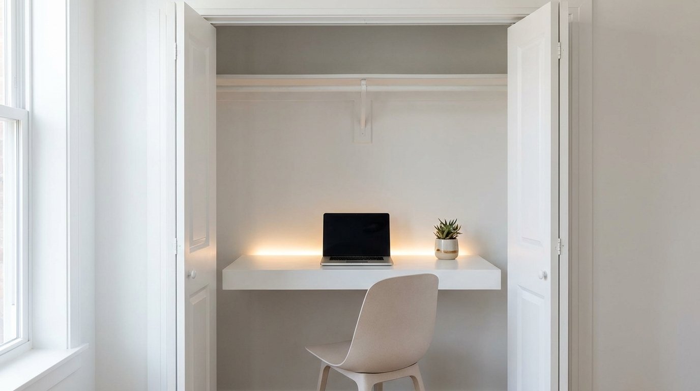 Minimalist closet office, floating white shelf desk, laptop, single small plant, LED strip light, white-painted closet
