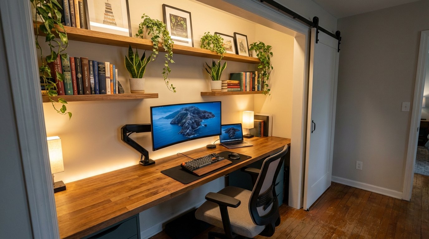 Full-build closet office, wide reach-in closet with desktop spanning full width, monitor on articulating arm, upper