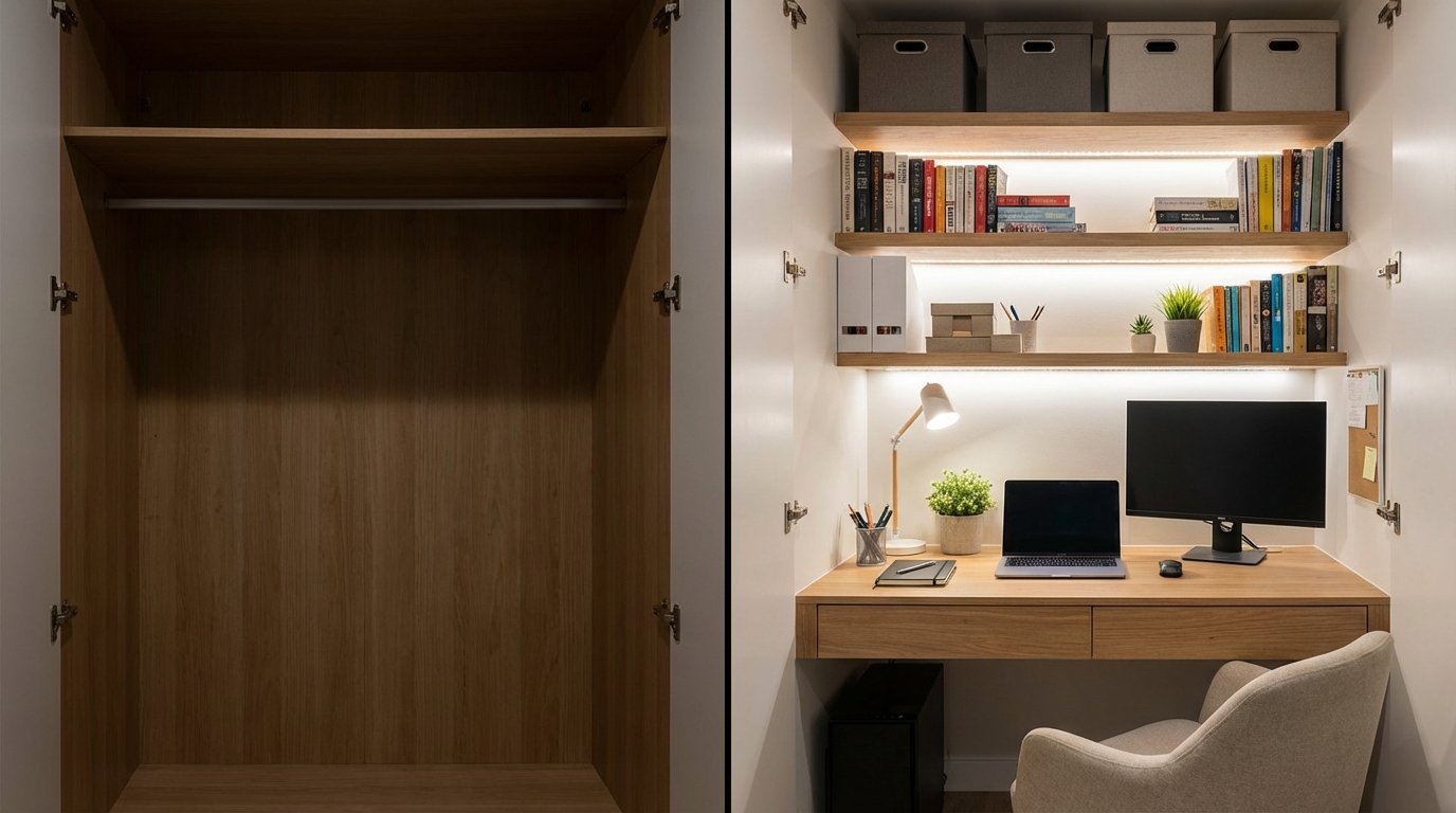 Before and after split image, left side shows empty basic closet with rod and shelf, right side shows same closet