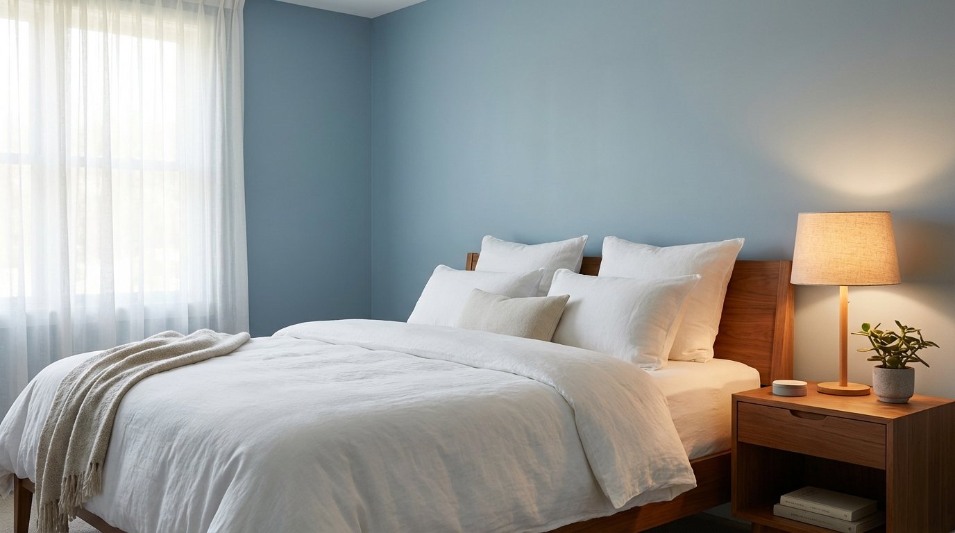 Serene blue bedroom interior, soft dusty blue walls (like BM Quiet Moments), white linen bedding, warm wood nightstand