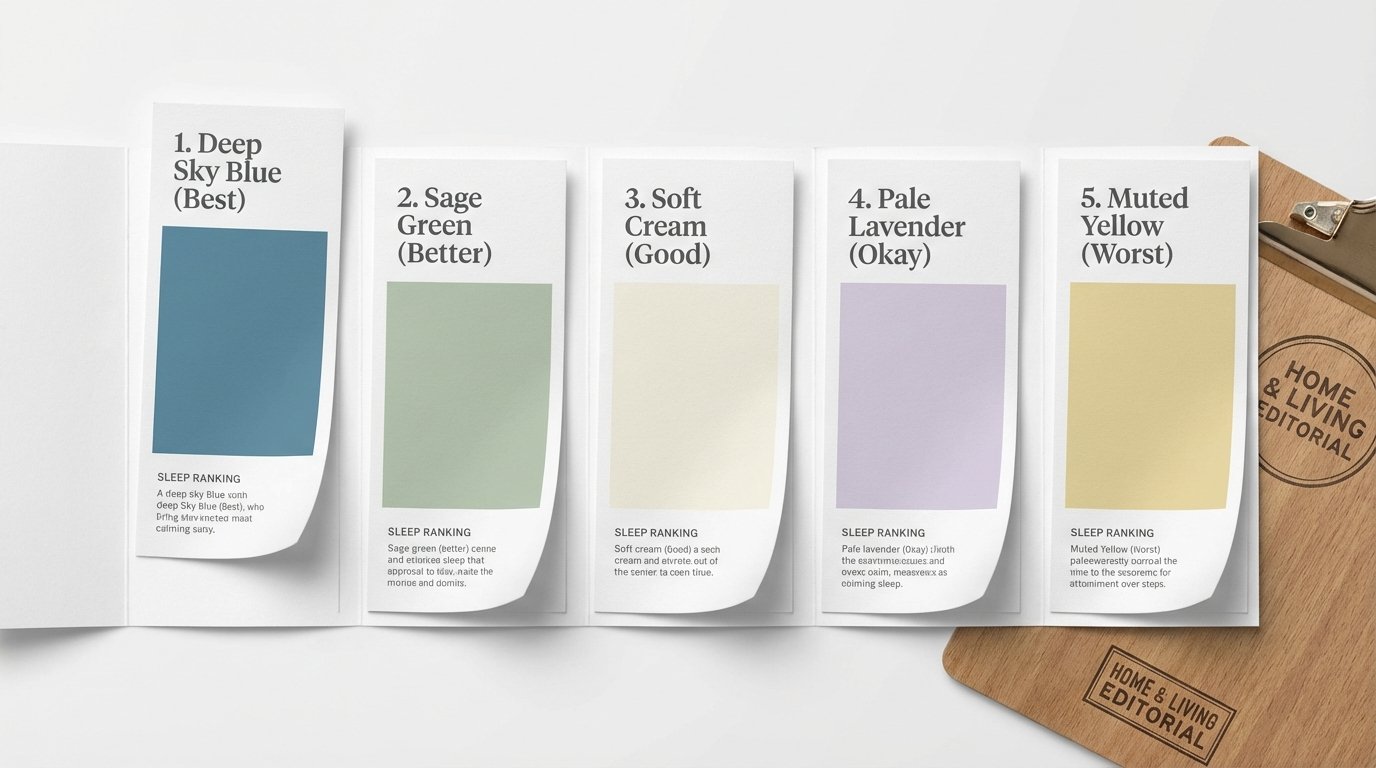 Editorial color swatch layout, 5 paint colors arranged in ranked order from best to worst for sleep, blue, green,