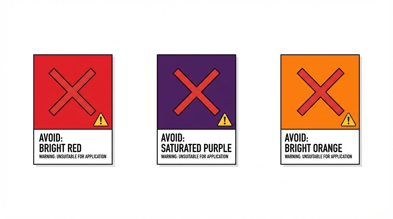 Three paint color swatches marked with X (avoid), bright red, saturated purple, bright orange, warning labels, clean