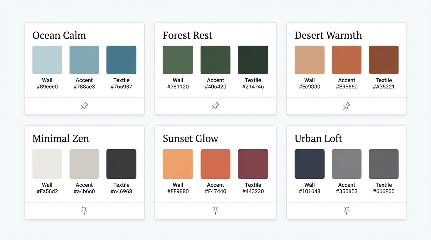 Grid of 6 bedroom color palette cards, each showing 3 color swatches (wall, accent, textile) with hex codes, labeled