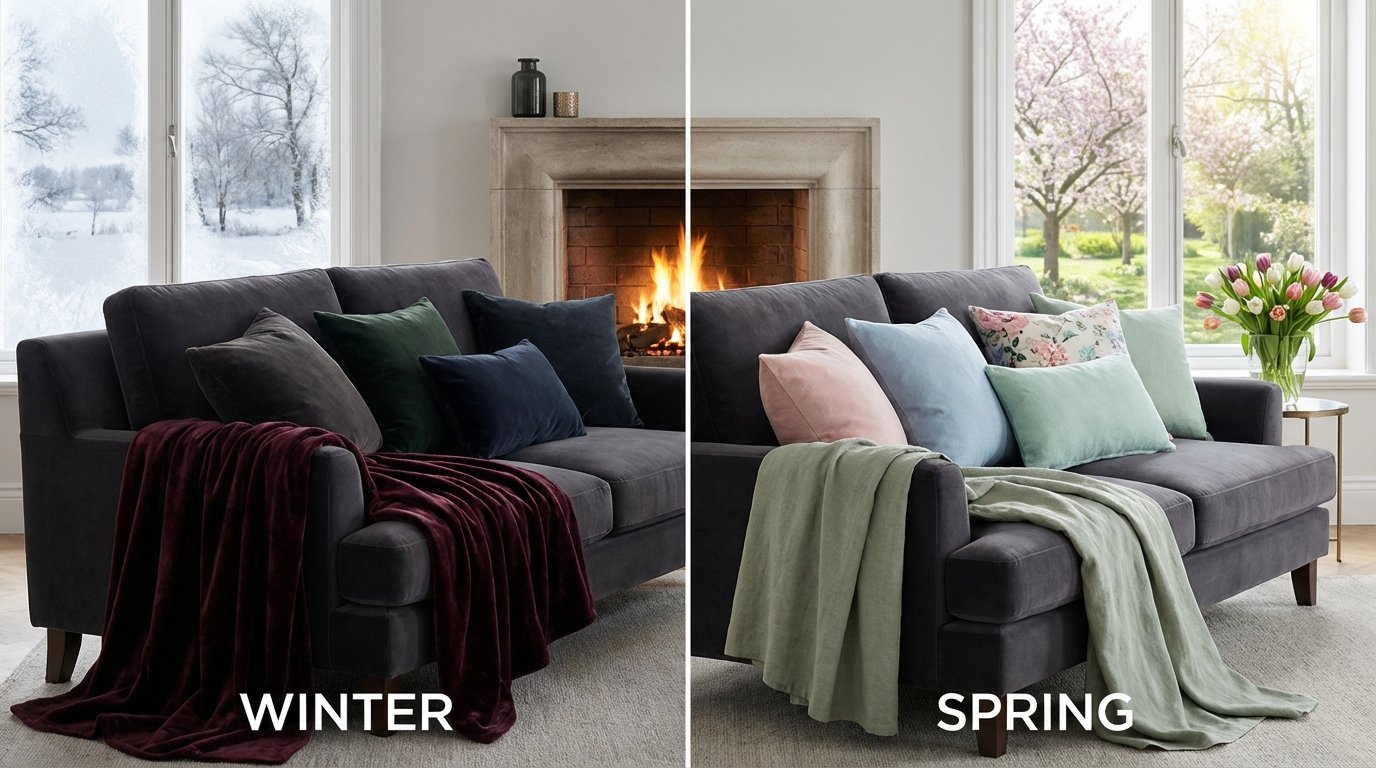 Split image comparison, same sofa shown in winter (left) with dark velvet burgundy throw and dark pillows vs.