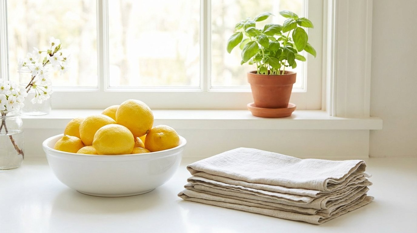 Simple spring kitchen vignette, white bowl filled with fresh lemons on counter, small potted herb plant on windowsill,