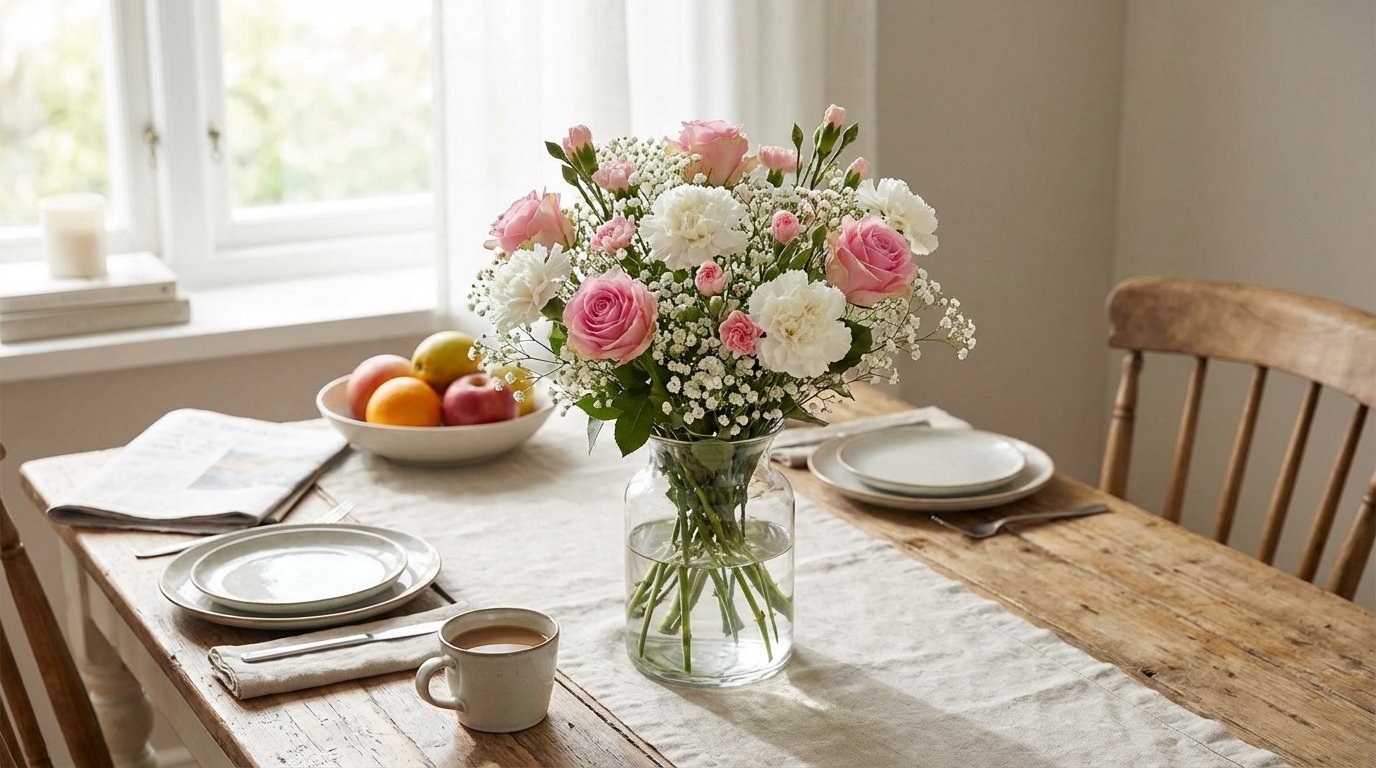 Fresh flower arrangement in glass vase on wooden dining table, grocery store bouquet (pink and white flowers) styled
