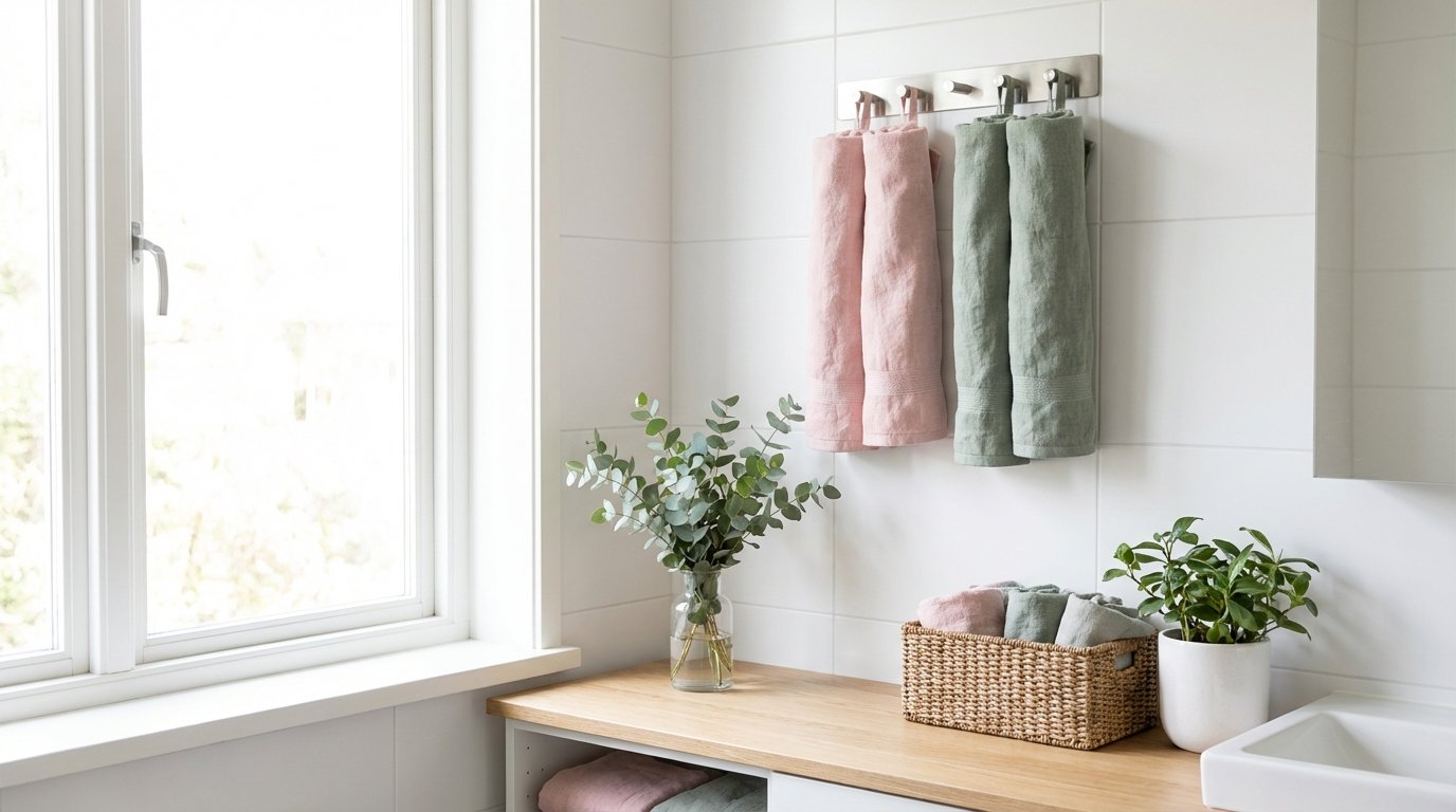 Spring bathroom refresh, pastel pink and sage hand towels on rack, small eucalyptus bunch, white potted plant on
