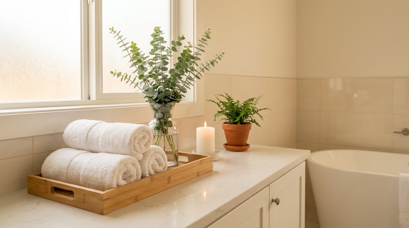 Spa-like white bathroom, white fluffy towels rolled on bamboo tray, fresh eucalyptus bunch in vase, white candle, warm