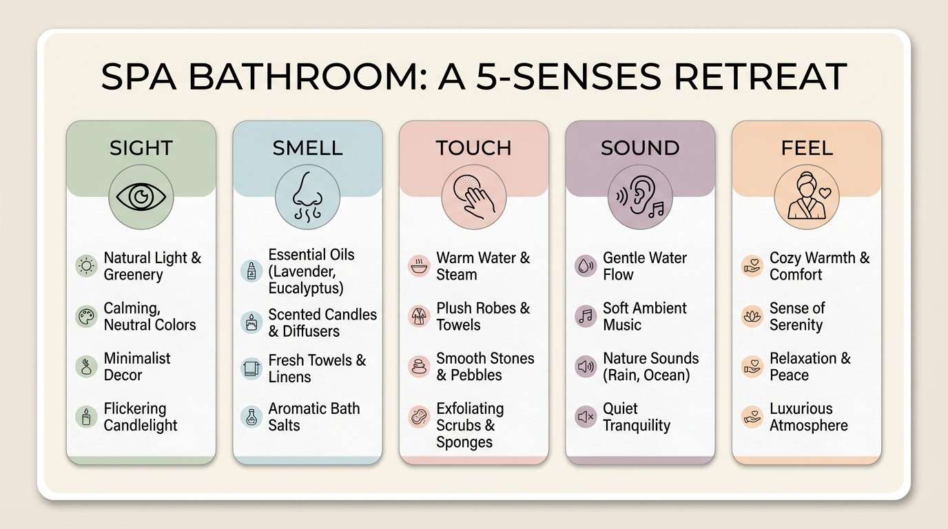 5-senses infographic for spa bathroom, icons for sight, smell, touch, sound, and feel with examples of each in spa