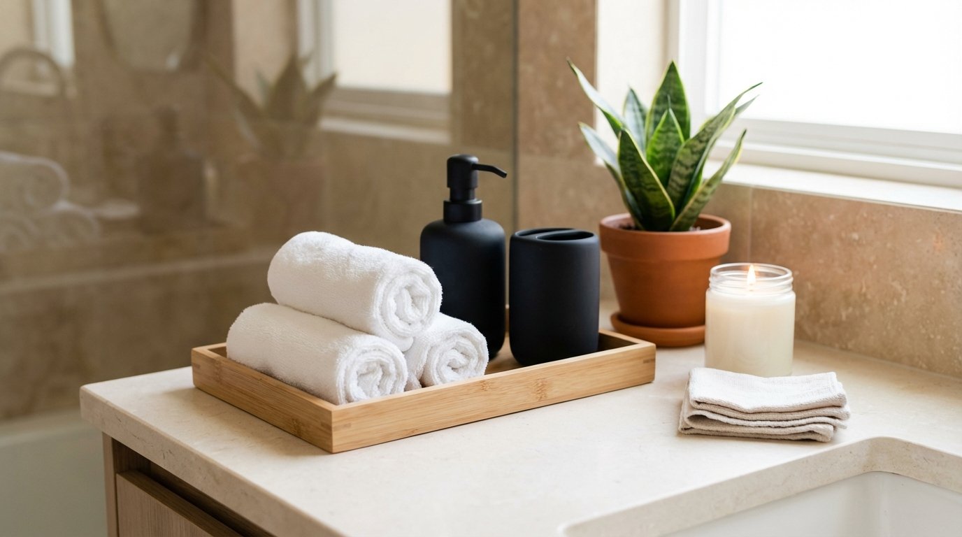 Styled bathroom counter, rolled white towels on tray, matte black or brass coordinating soap dispenser and accessories,