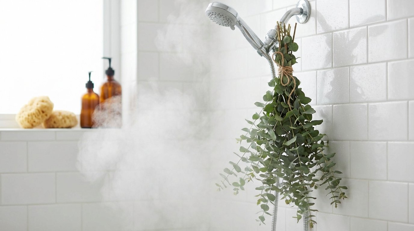 Eucalyptus bunch tied to showerhead with twine, steam rising from shower, white tile background, fresh green leaves