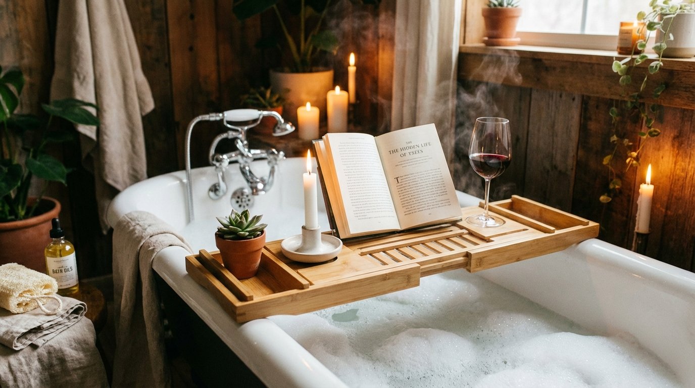 Bamboo bath tray across white tub, styled with book, white candle, small succulent plant, glass of wine, warm
