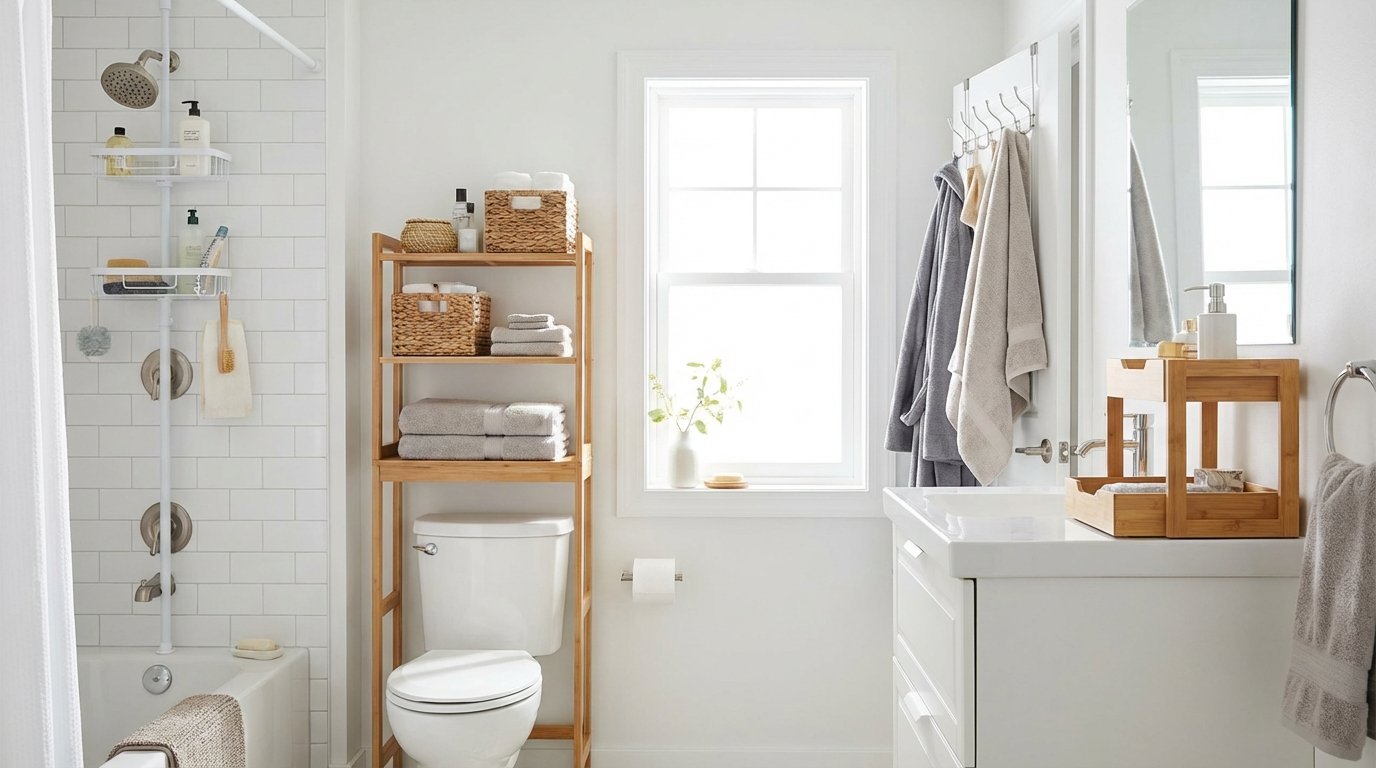 Clean organized rental bathroom, freestanding over-toilet shelf unit with baskets, white shower caddy, tiered counter
