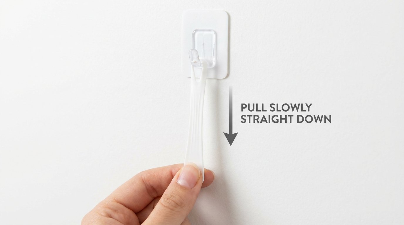 Close-up of Command strip removal, hand pulling the tab slowly straight down, clean white wall surface underneath,