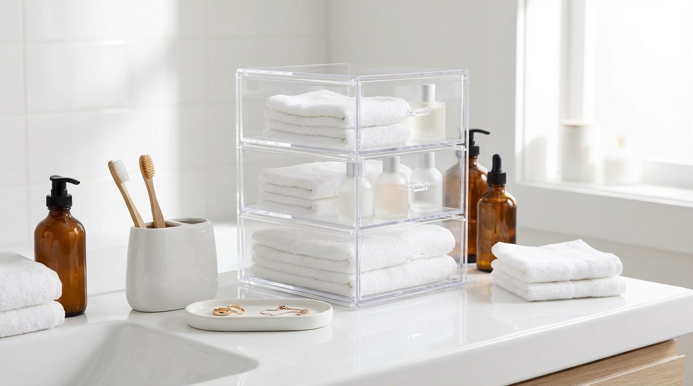 Styled bathroom counter with tiered wire or acrylic organizer, toothbrush holder, small tray for jewelry, minimal