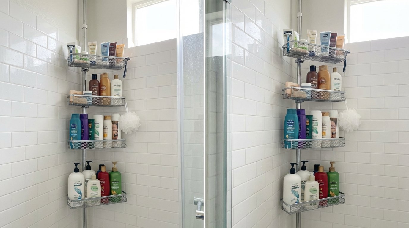 Tension rod corner shower shelf, floor-to-ceiling pole with 3-4 shelves, loaded with shampoo bottles and shower