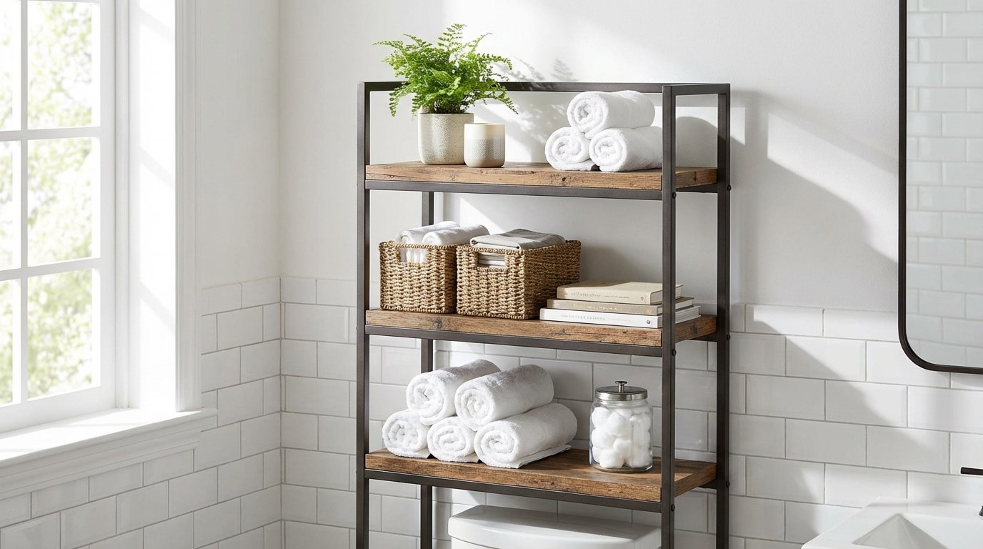Freestanding over-toilet storage unit, 3-tier wood and metal shelf styled with rolled white towels, woven baskets,