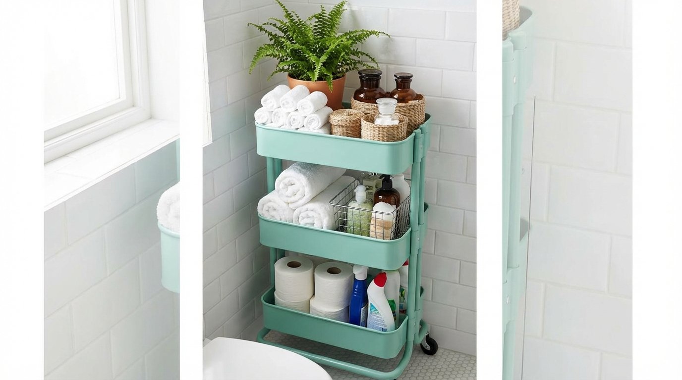 IKEA RÅSKOG style 3-tier rolling cart in bathroom, mint green or white, styled with rolled towels, products in small