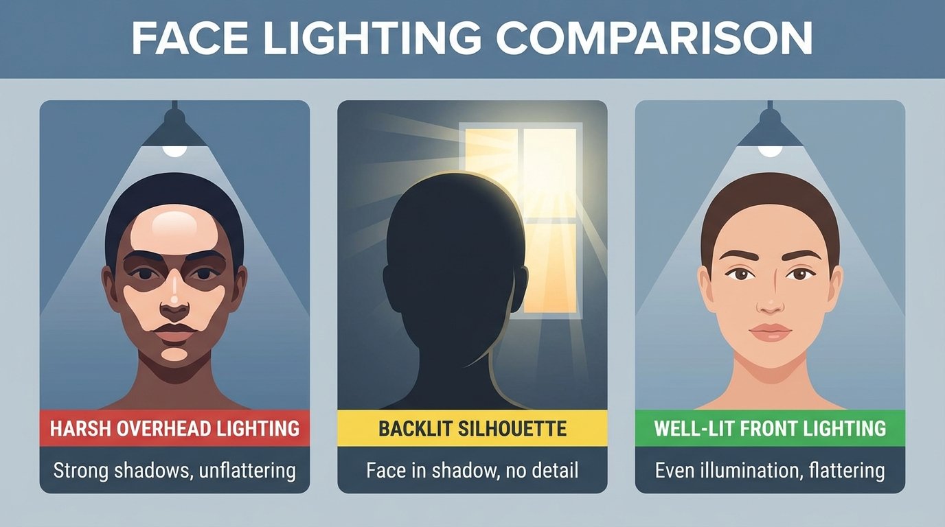 Three-panel face comparison showing lighting effects, left panel shows harsh overhead lighting with under-eye shadows,