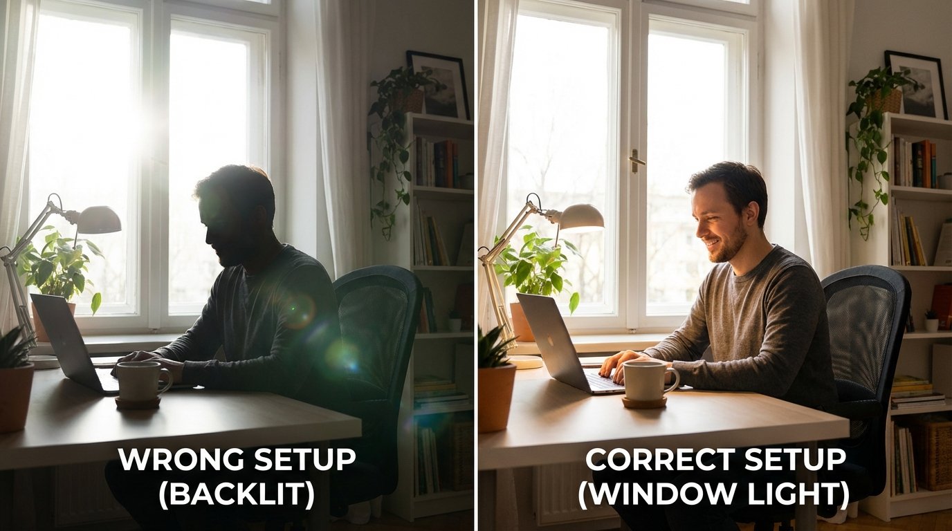 Desk positioned facing window, before/after split showing wrong setup (backlit, dark face) vs.