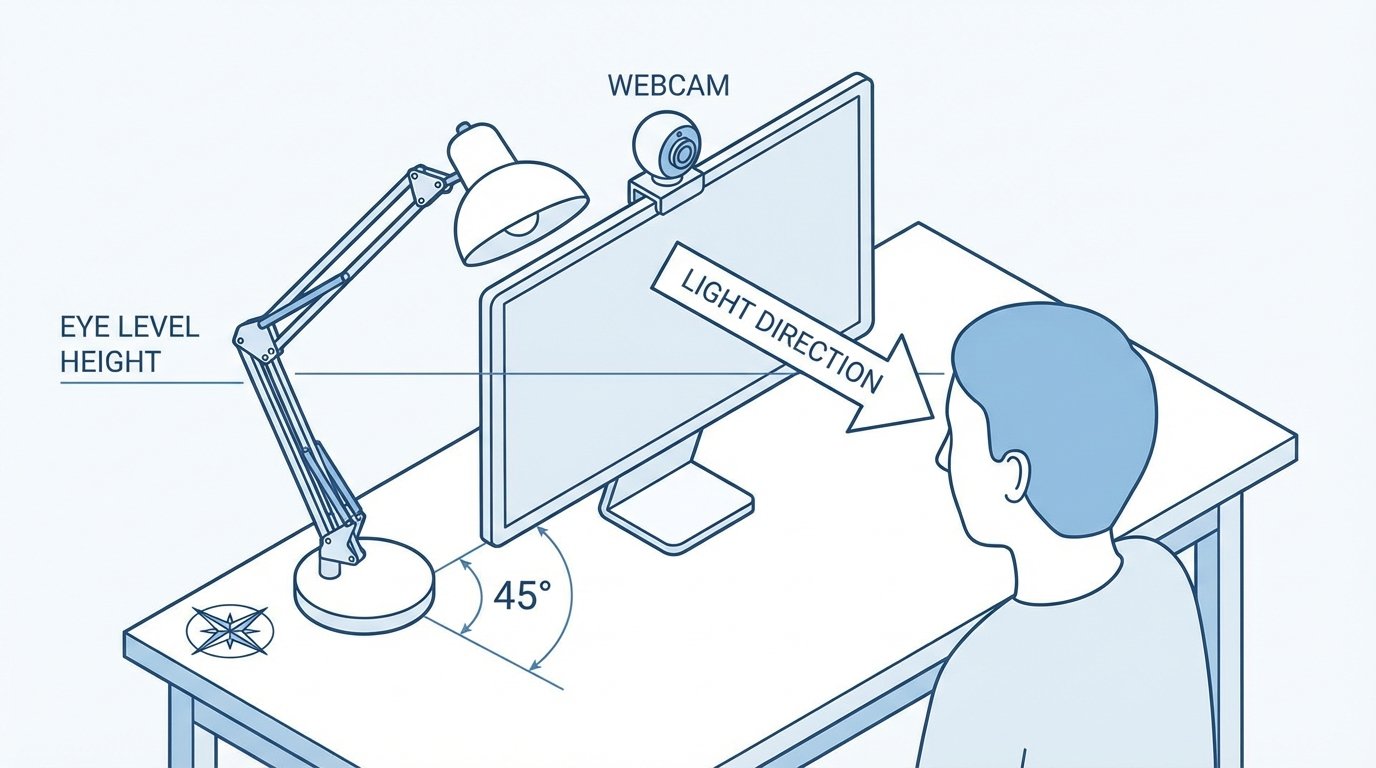Desk lamp positioning diagram for video calls, annotated showing lamp at 45-degree angle to camera, height at eye
