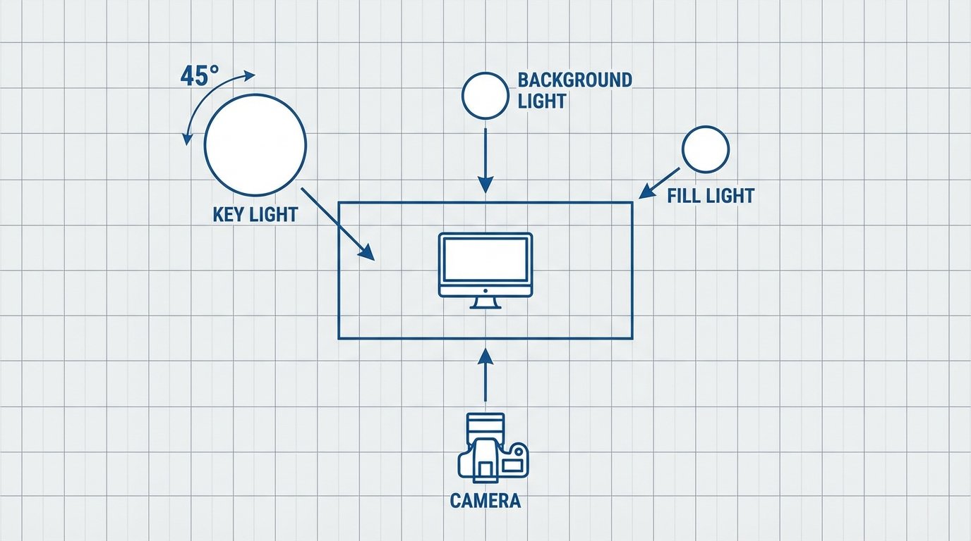 Bird's-eye view diagram of 3-point lighting setup, desk and monitor in center, key light at 45 degrees left, fill light