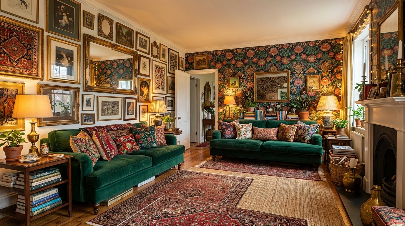 Stunning maximalist living room, bold floral or geometric wallpaper, floor-to-ceiling gallery wall with mixed art,