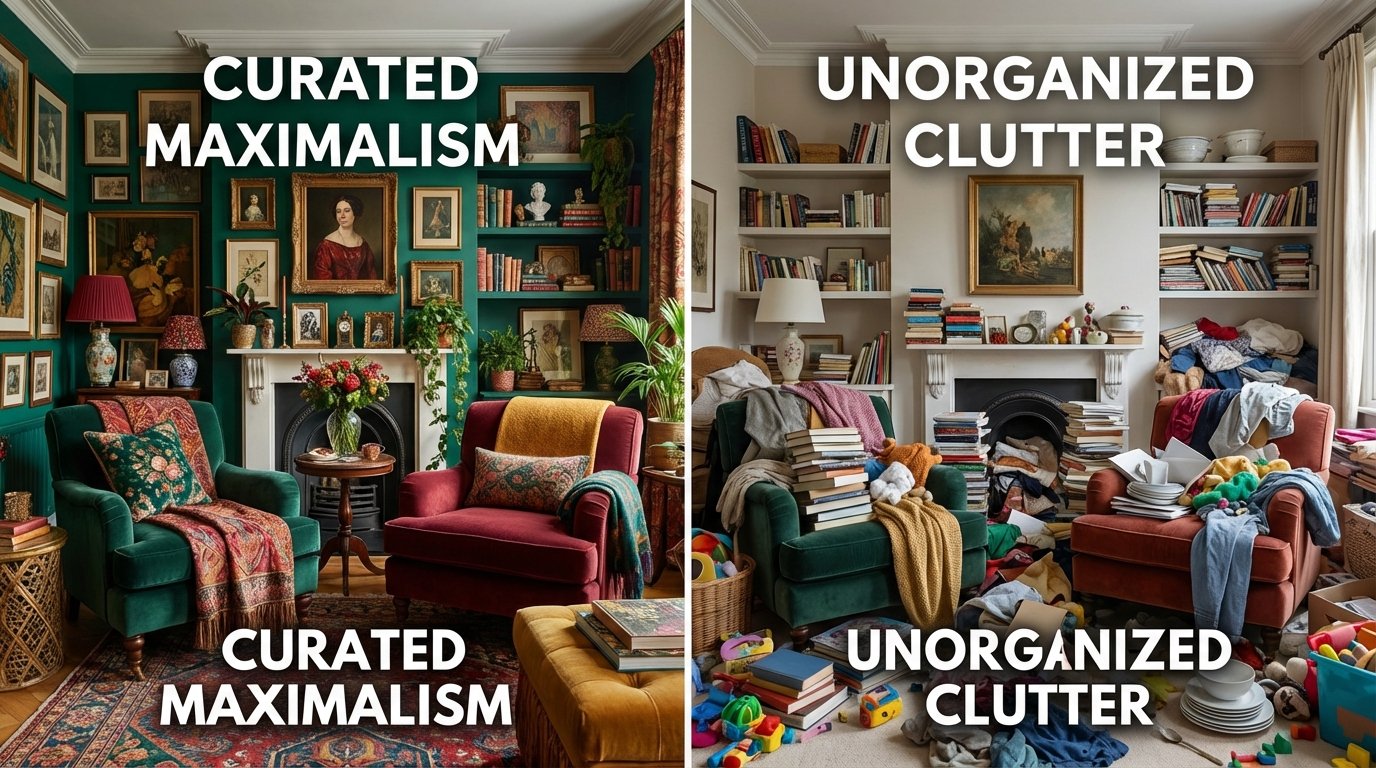 Split comparison image, left shows curated maximalist room with coordinated colors and intentional layering, right