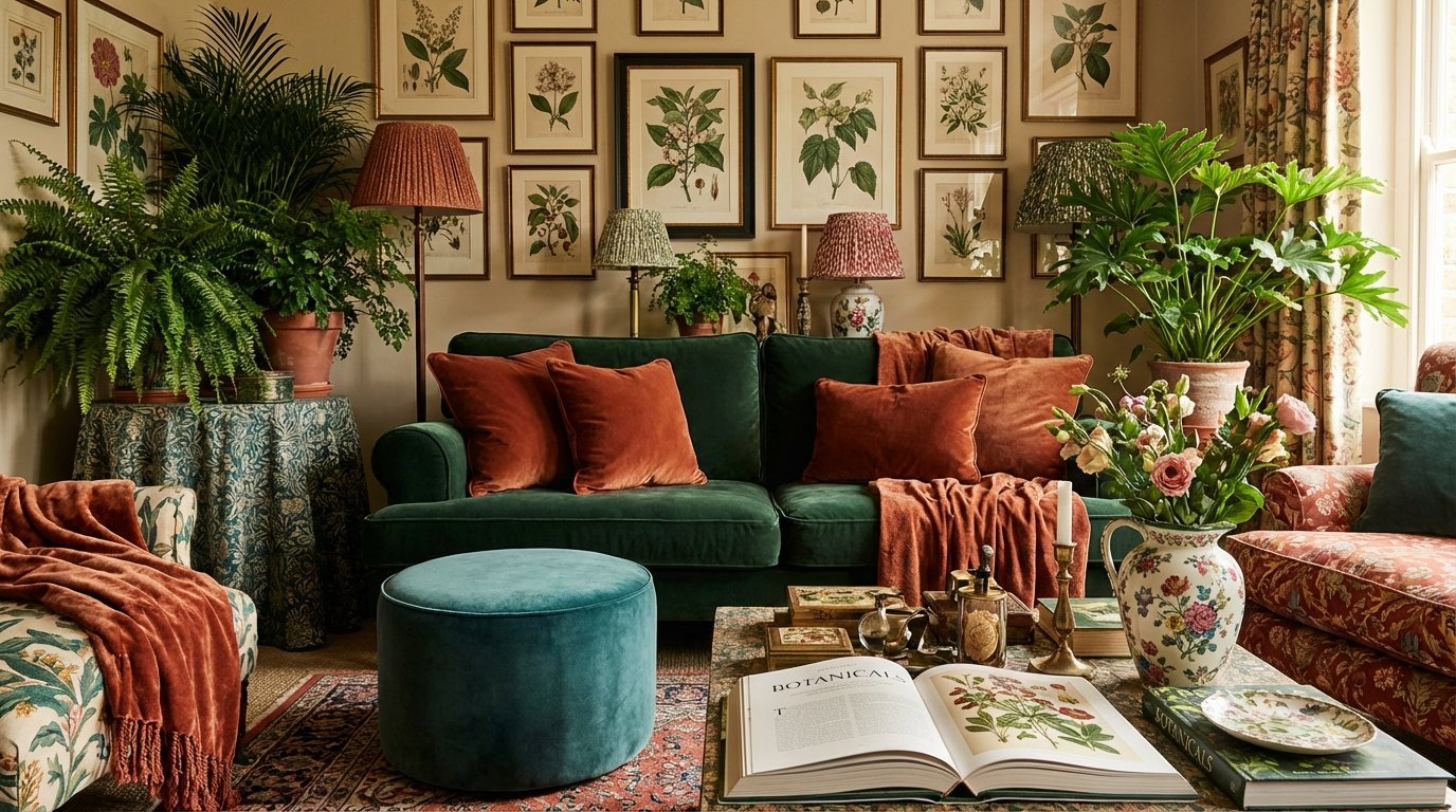 Maximalist room showing repetition technique, velvet elements repeated (velvet sofa, velvet pillow, velvet ottoman),