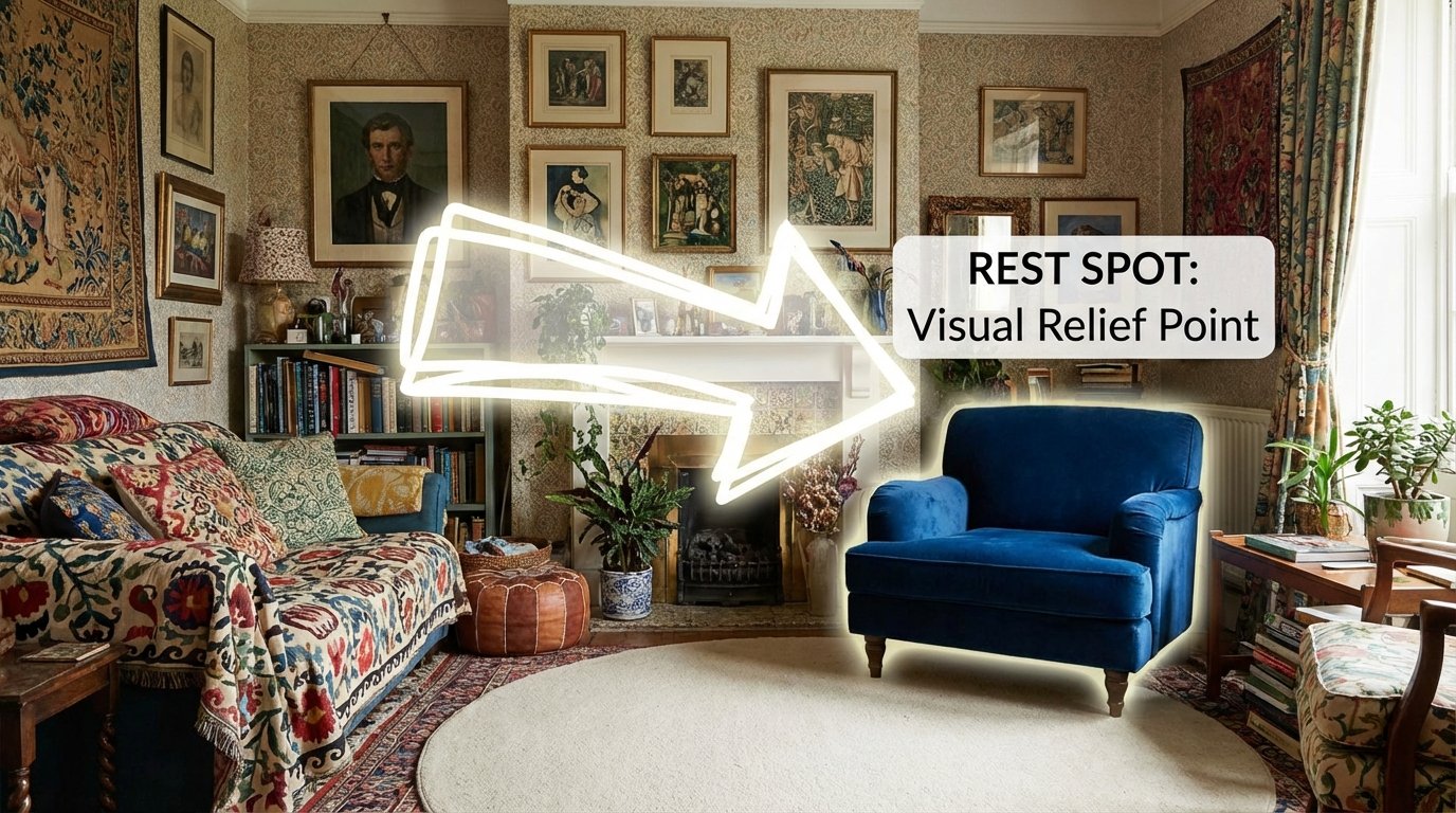 Maximalist room with rest spot highlighted, busy room with patterns and art everywhere, one area (perhaps a solid