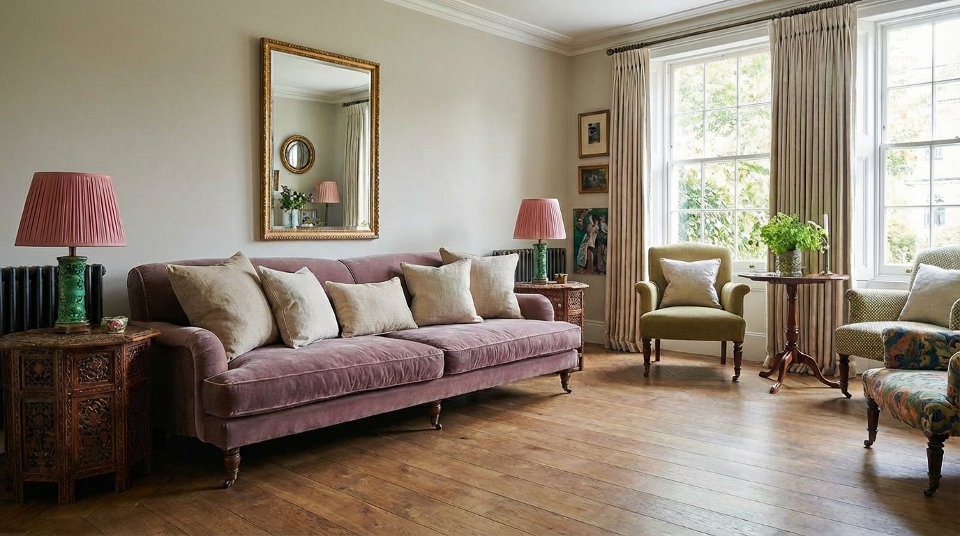 Three-step progression of same living room, step one neutral minimalist, step two with added bold pillows, step three