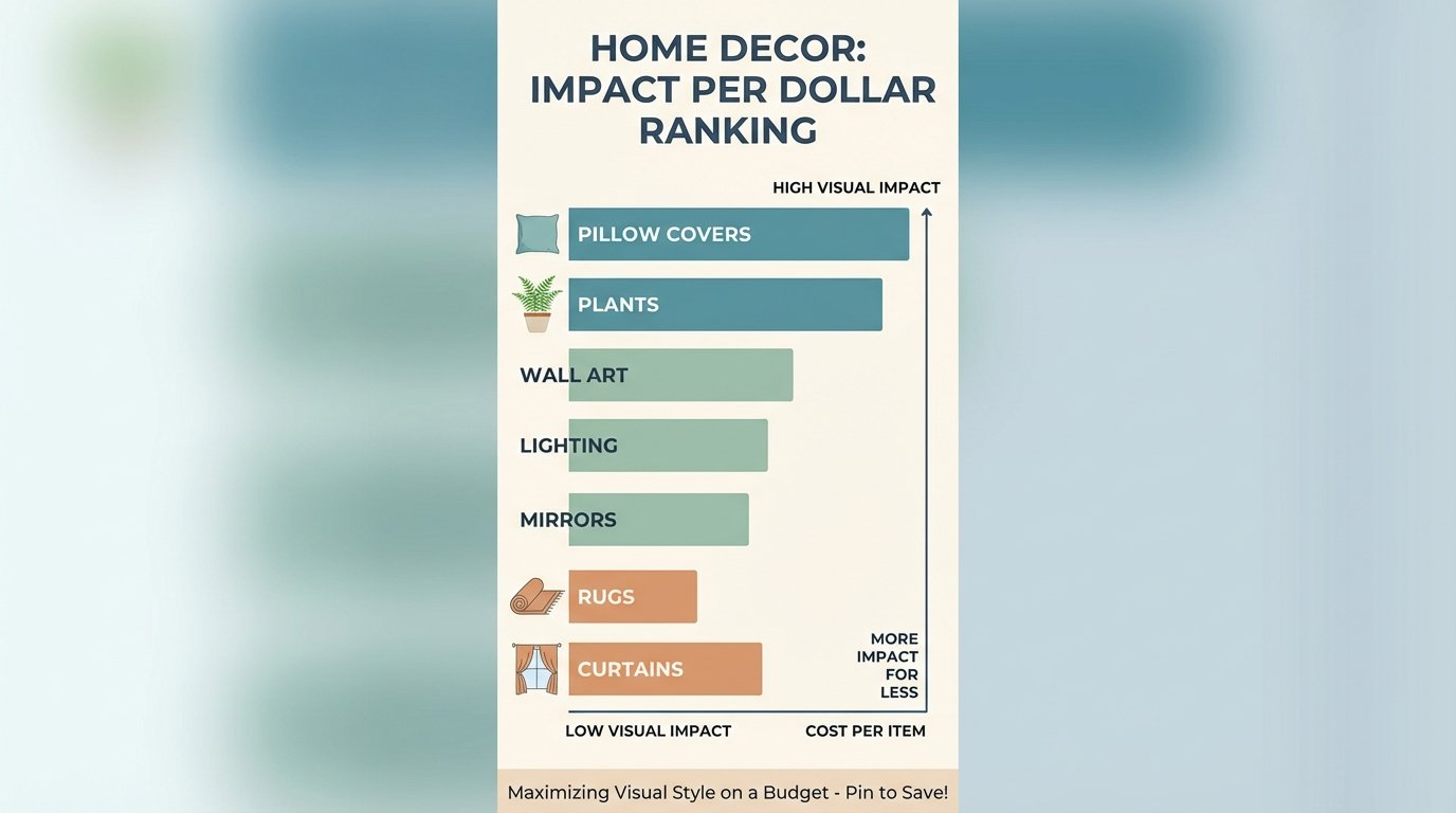 Impact-per-dollar ranking infographic, bar chart showing home decor items ranked by visual impact per dollar spent,