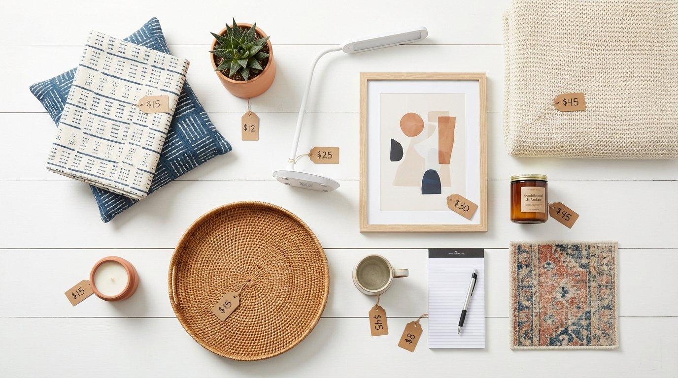 Flat-lay shopping haul photo, 10 items arranged on white surface including pillow covers, small plant in pot, LED lamp,