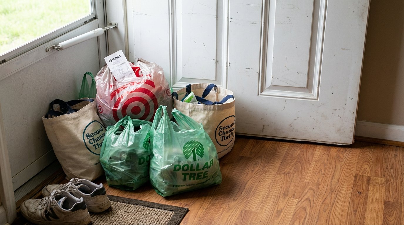 Shopping bags on floor next to door, mix of Dollar Tree, Target, and thrift store bags, receipt visible, realistic