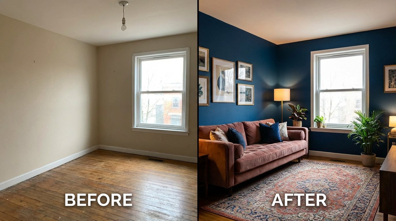 Full room before and after comparison, same angle and lighting, left shows empty generic room, right shows fully styled