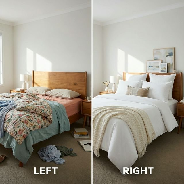 Before and after bedroom β mismatched colored bedding vs crisp all-white duvet with 6-pillow arrangement and cream throw