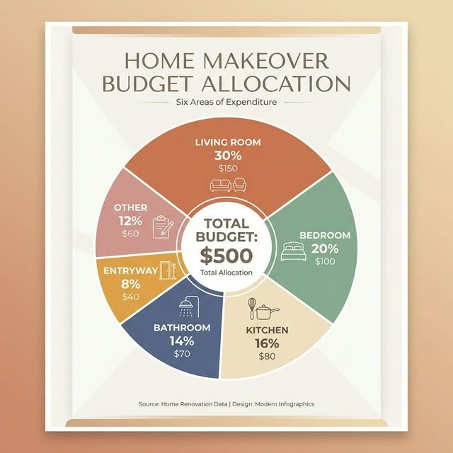 Budget allocation pie chart showing home makeover spending by room — Living Room 30%, Bedroom 20%, Kitchen 16%, Bathroom 14%, Entryway 8%, Other 12%